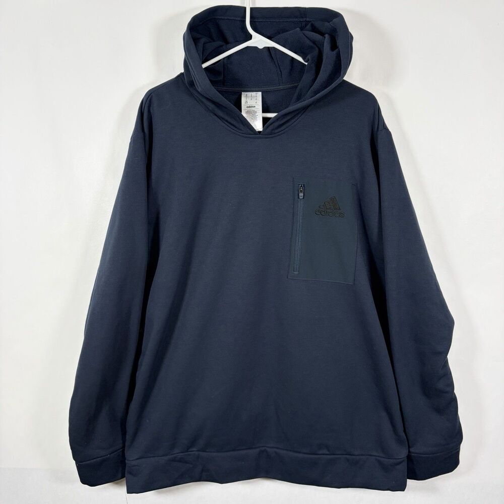 Adidas Hoodie Mens Size XL Navy Blue Zipper Chest Pocket Pullover Fleece EUC